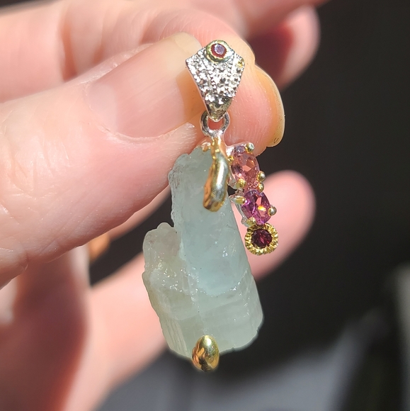 Aquamarine Ruby &Tourmaline Sterling&gold pendant - Picture 4 of 8
